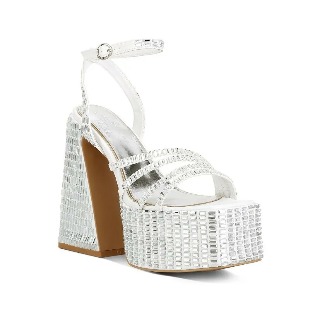 Lustrous Mirror Embellished Flare Block Heel Sandals