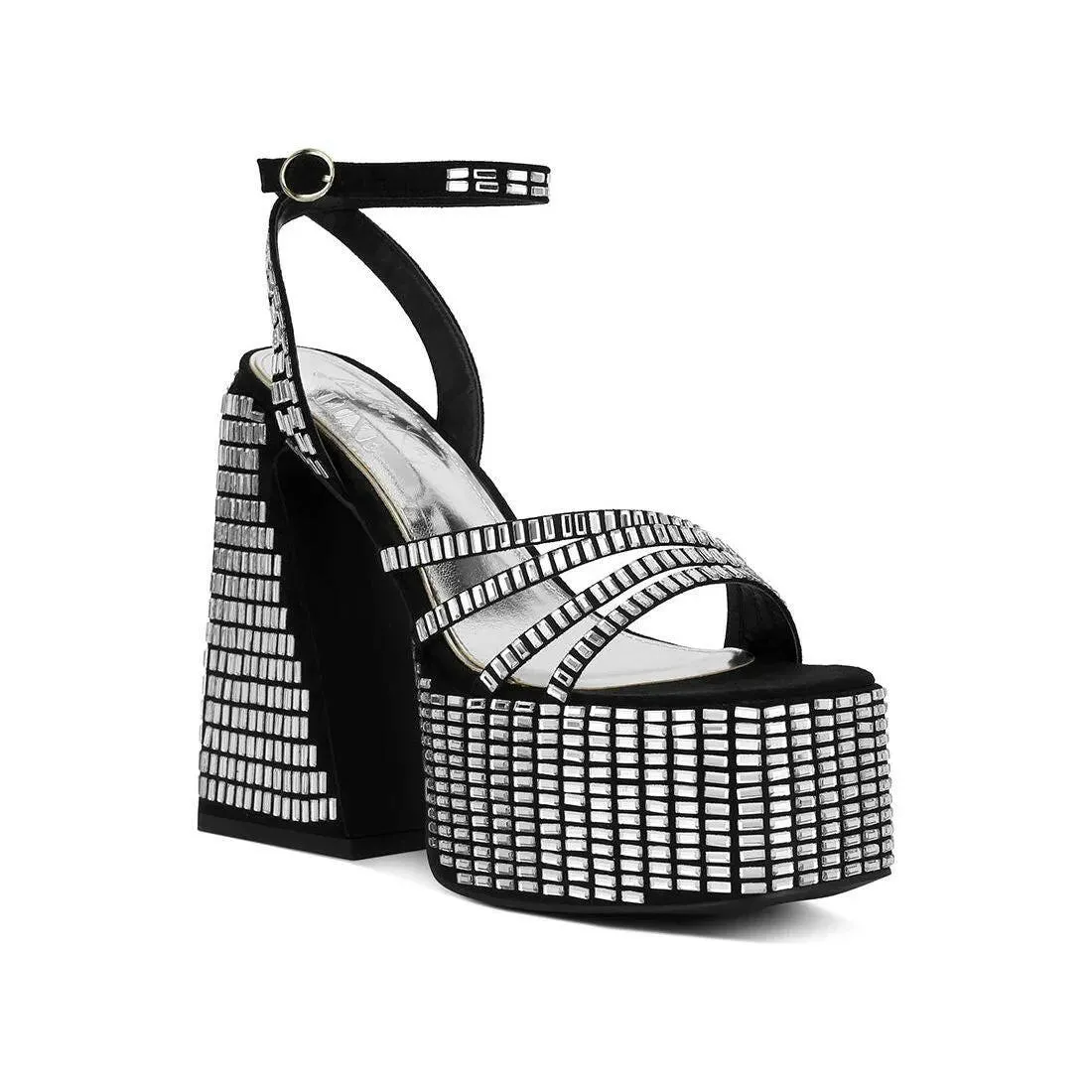 Lustrous Mirror Embellished Flare Block Heel Sandals