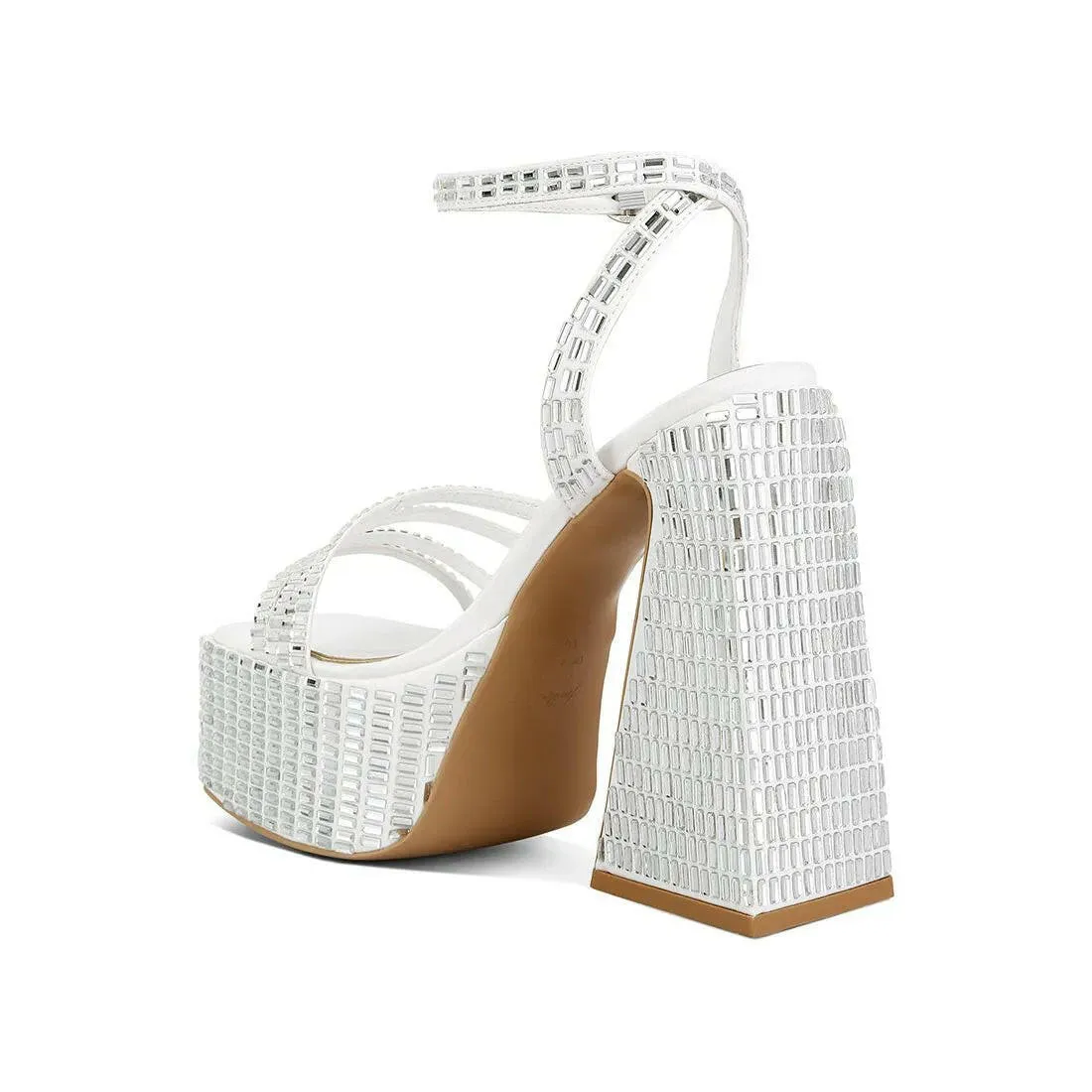 Lustrous Mirror Embellished Flare Block Heel Sandals