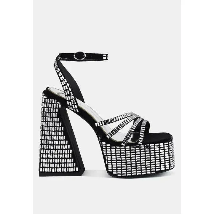 Lustrous Mirror Embellished Flare Block Heel Sandals