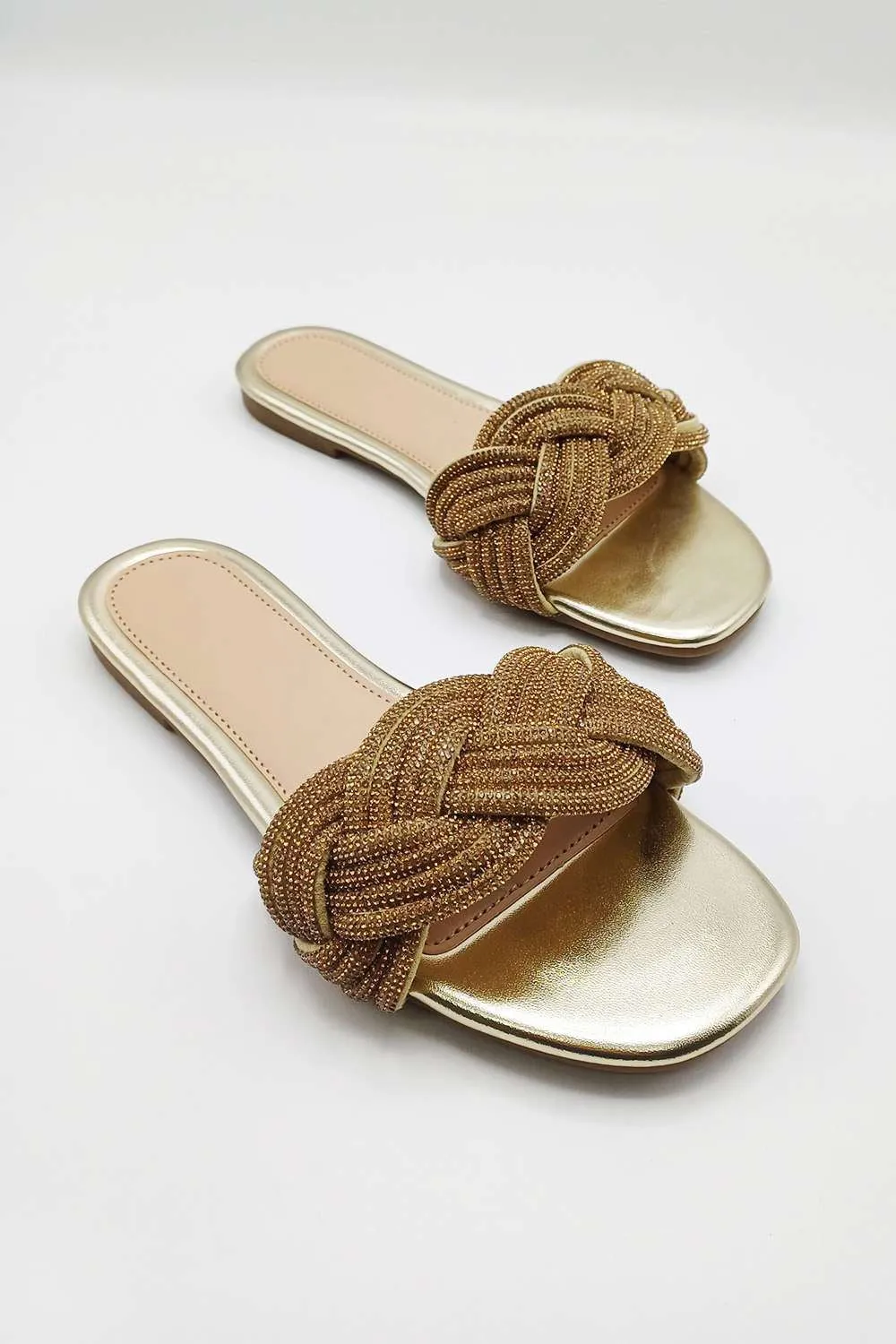 Muna Diamante Knot Band Flat Sliders in Gold
