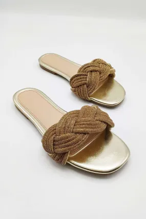 Muna Diamante Knot Band Flat Sliders in Gold