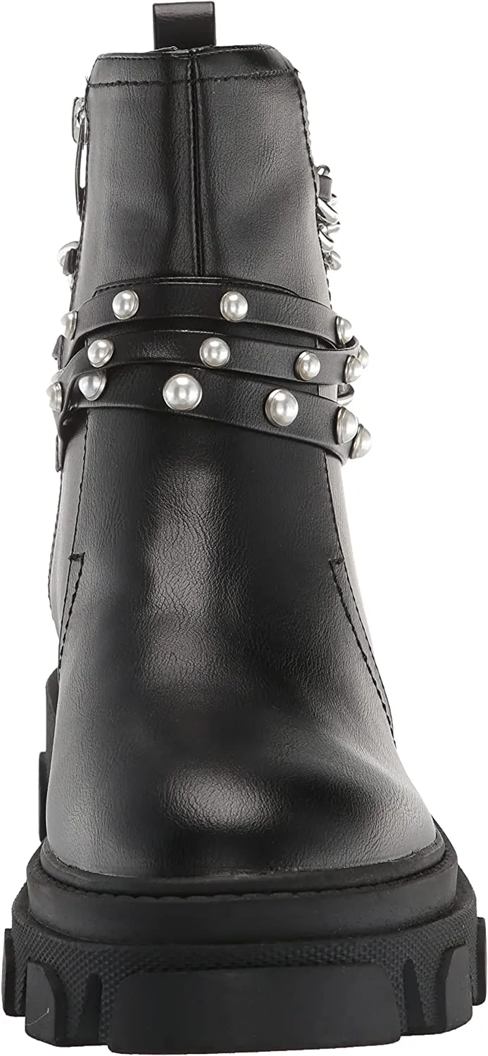 Nine West Cearlz3 Black Leather Zip Closure Chain Detailed Leather Ankle Boots