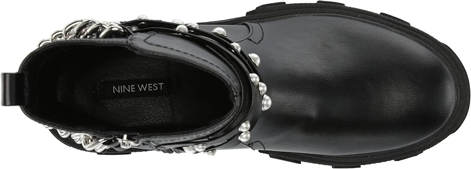 Nine West Cearlz3 Black Leather Zip Closure Chain Detailed Leather Ankle Boots