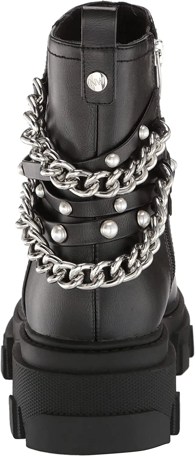 Nine West Cearlz3 Black Leather Zip Closure Chain Detailed Leather Ankle Boots