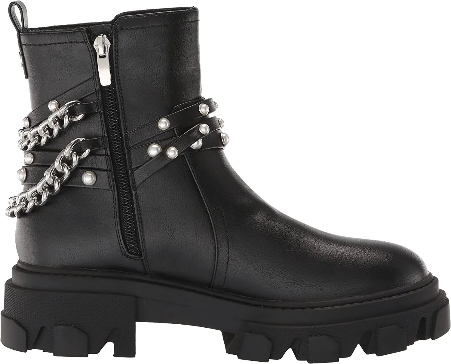 Nine West Cearlz3 Black Leather Zip Closure Chain Detailed Leather Ankle Boots