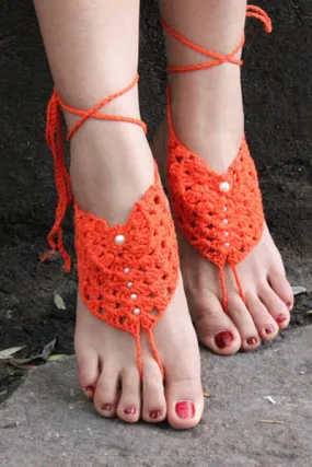 Orange Pearl Embellished Crochet Barefoot Sandals