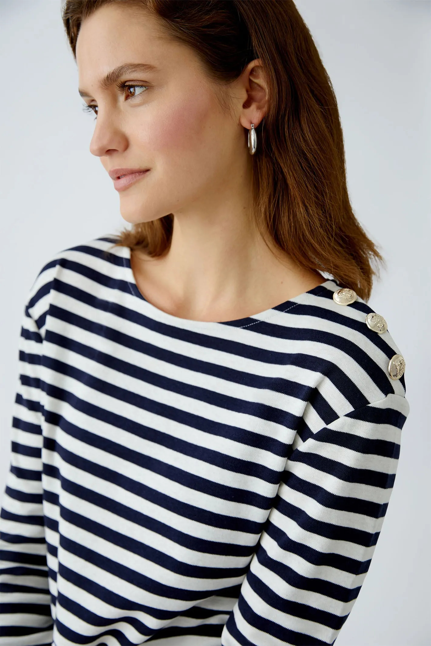 Oui 93373 Navy White Stripe Breton Style Boat Neck Top