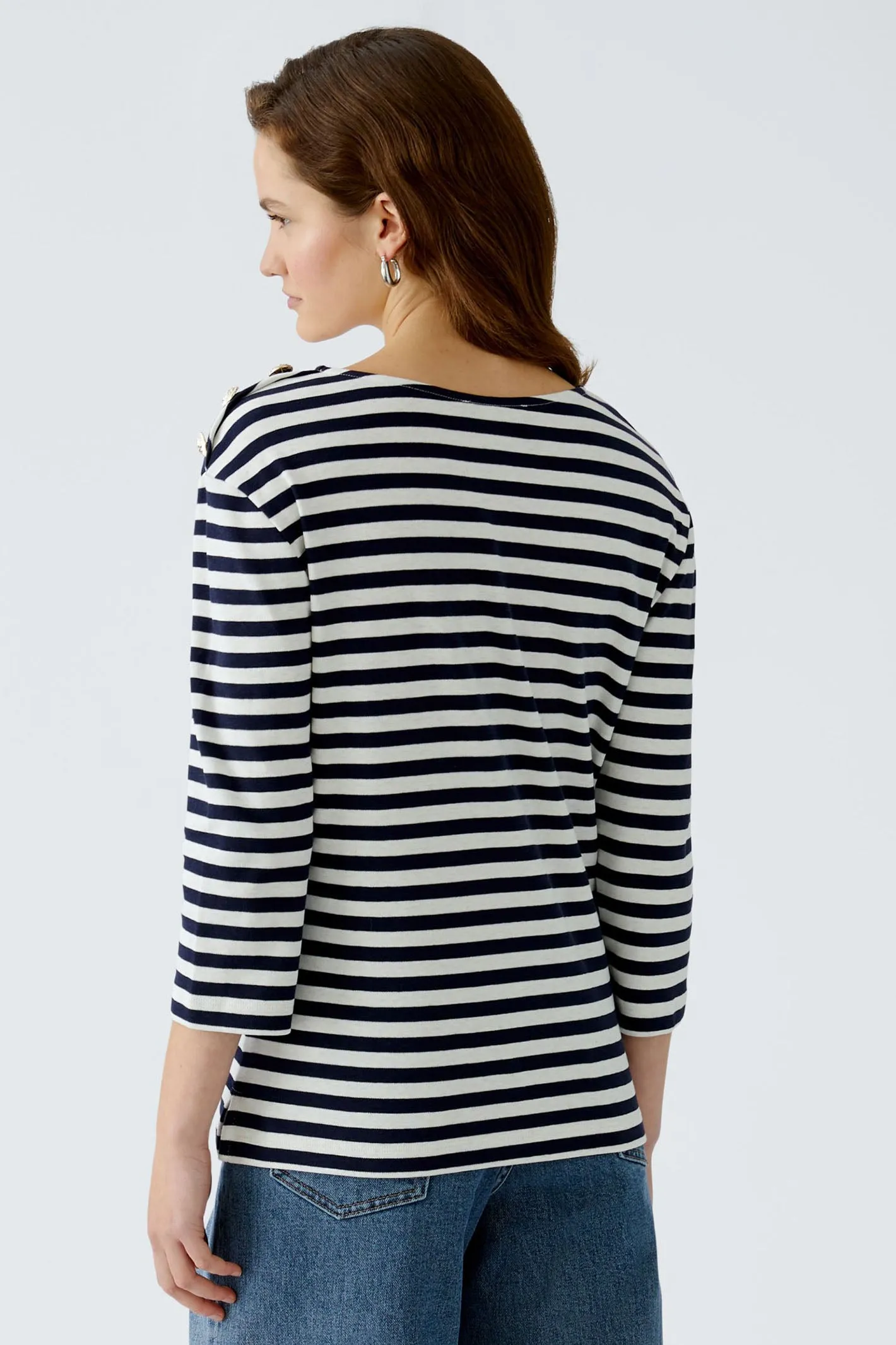 Oui 93373 Navy White Stripe Breton Style Boat Neck Top