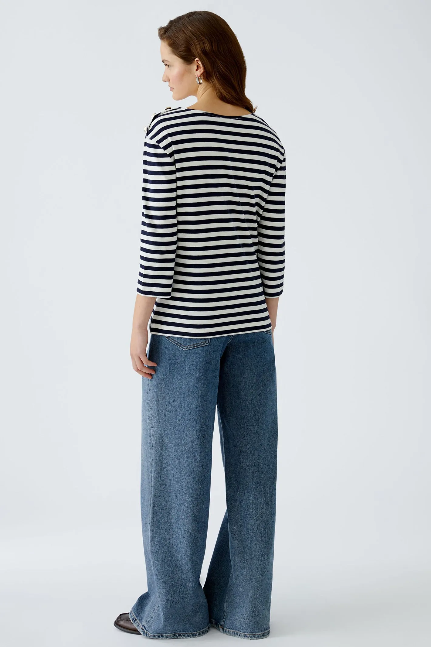 Oui 93373 Navy White Stripe Breton Style Boat Neck Top