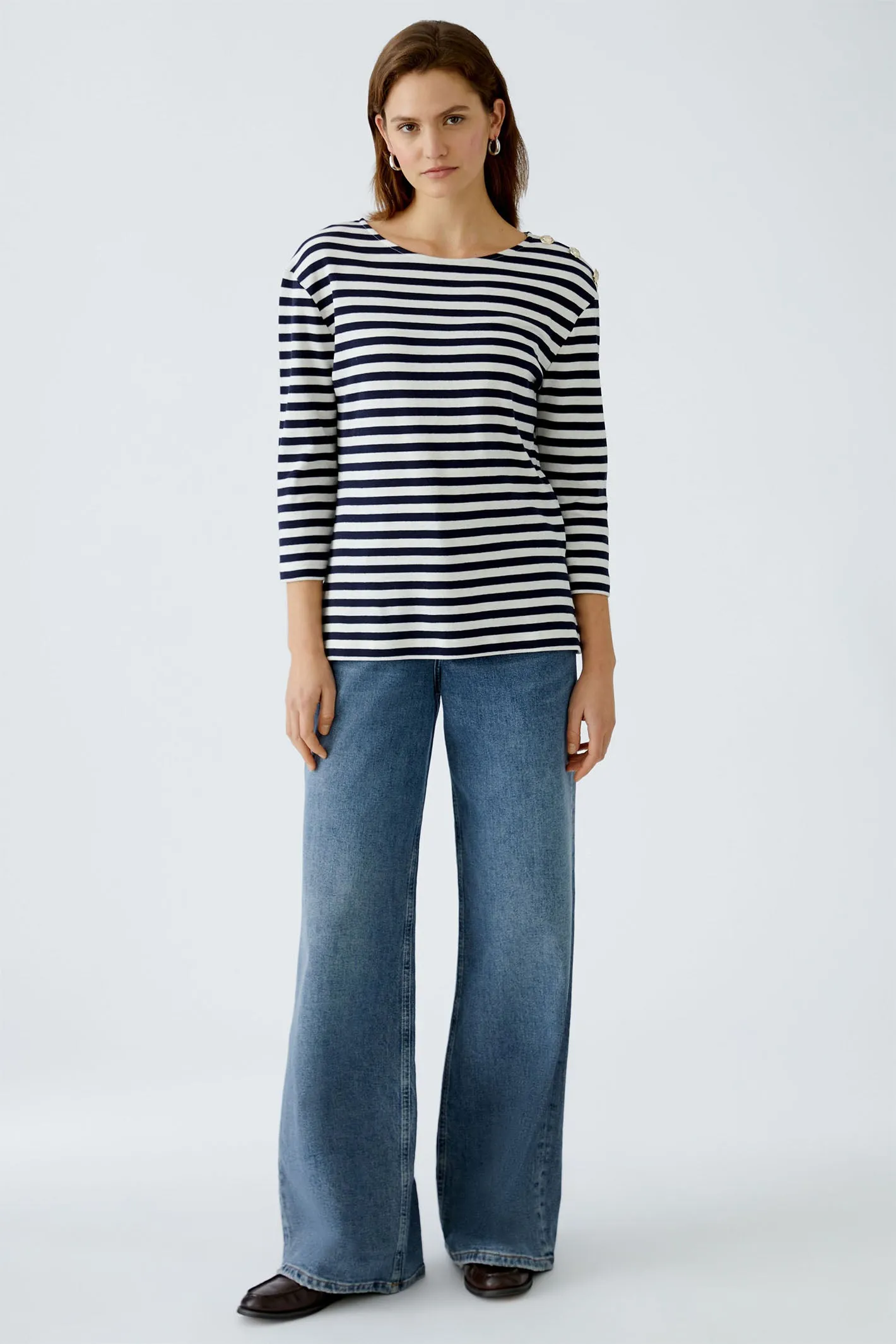 Oui 93373 Navy White Stripe Breton Style Boat Neck Top