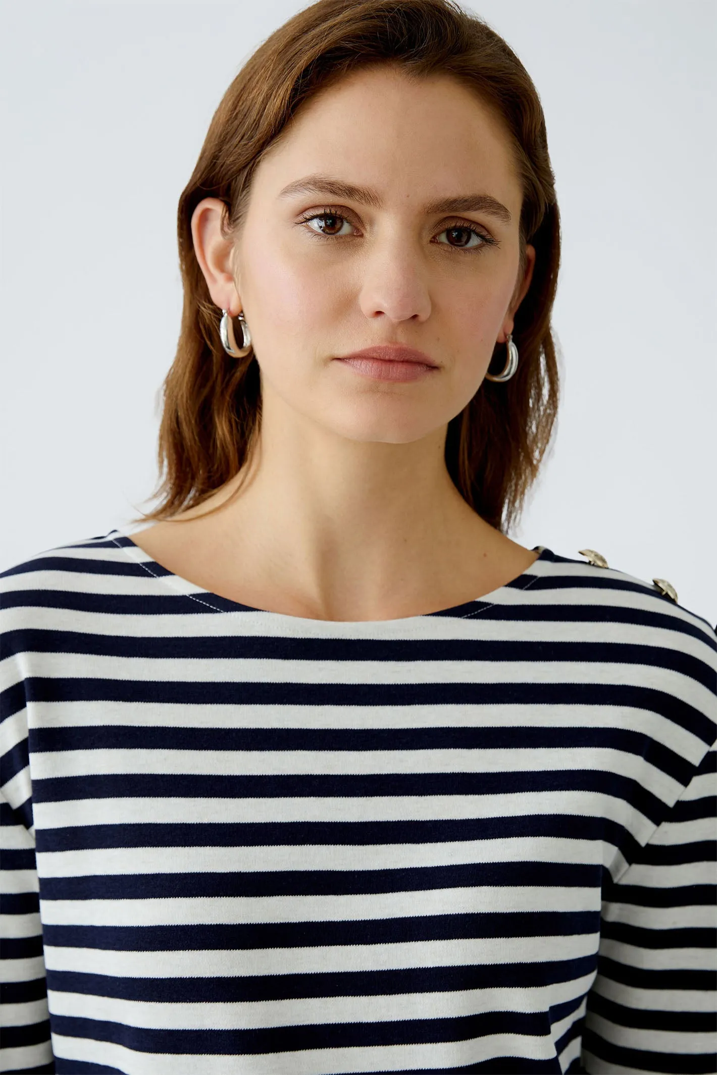 Oui 93373 Navy White Stripe Breton Style Boat Neck Top