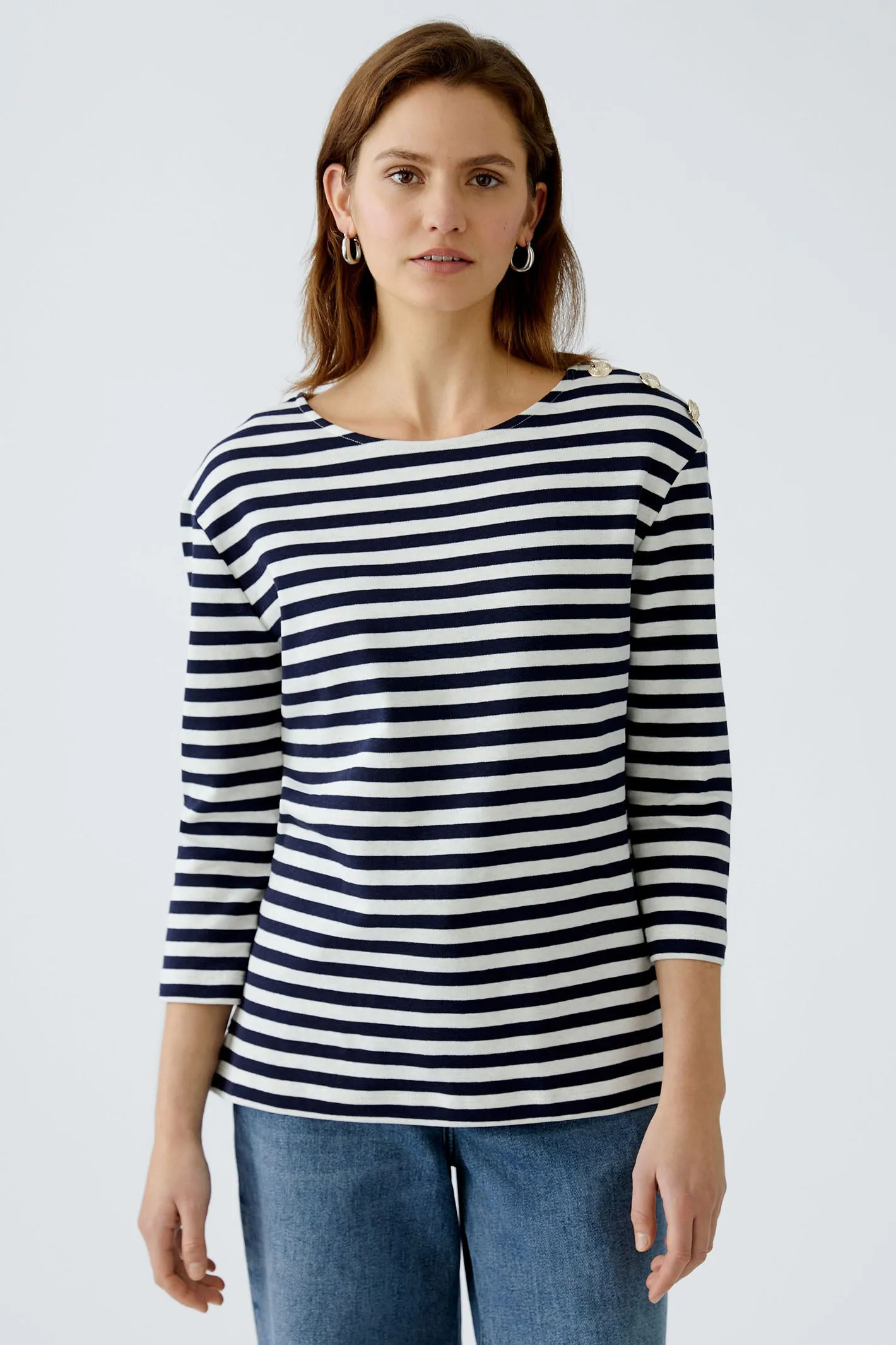 Oui 93373 Navy White Stripe Breton Style Boat Neck Top