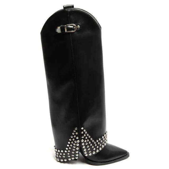 PU Studded Western Knee-High Boots -Black