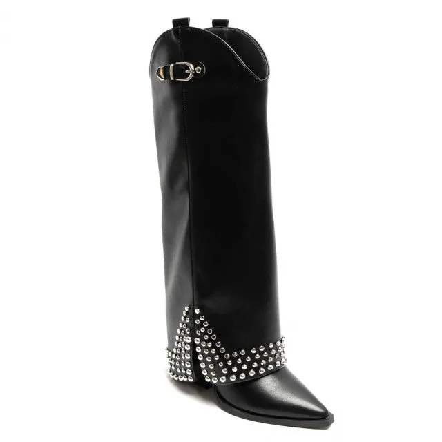 PU Studded Western Knee-High Boots -Black