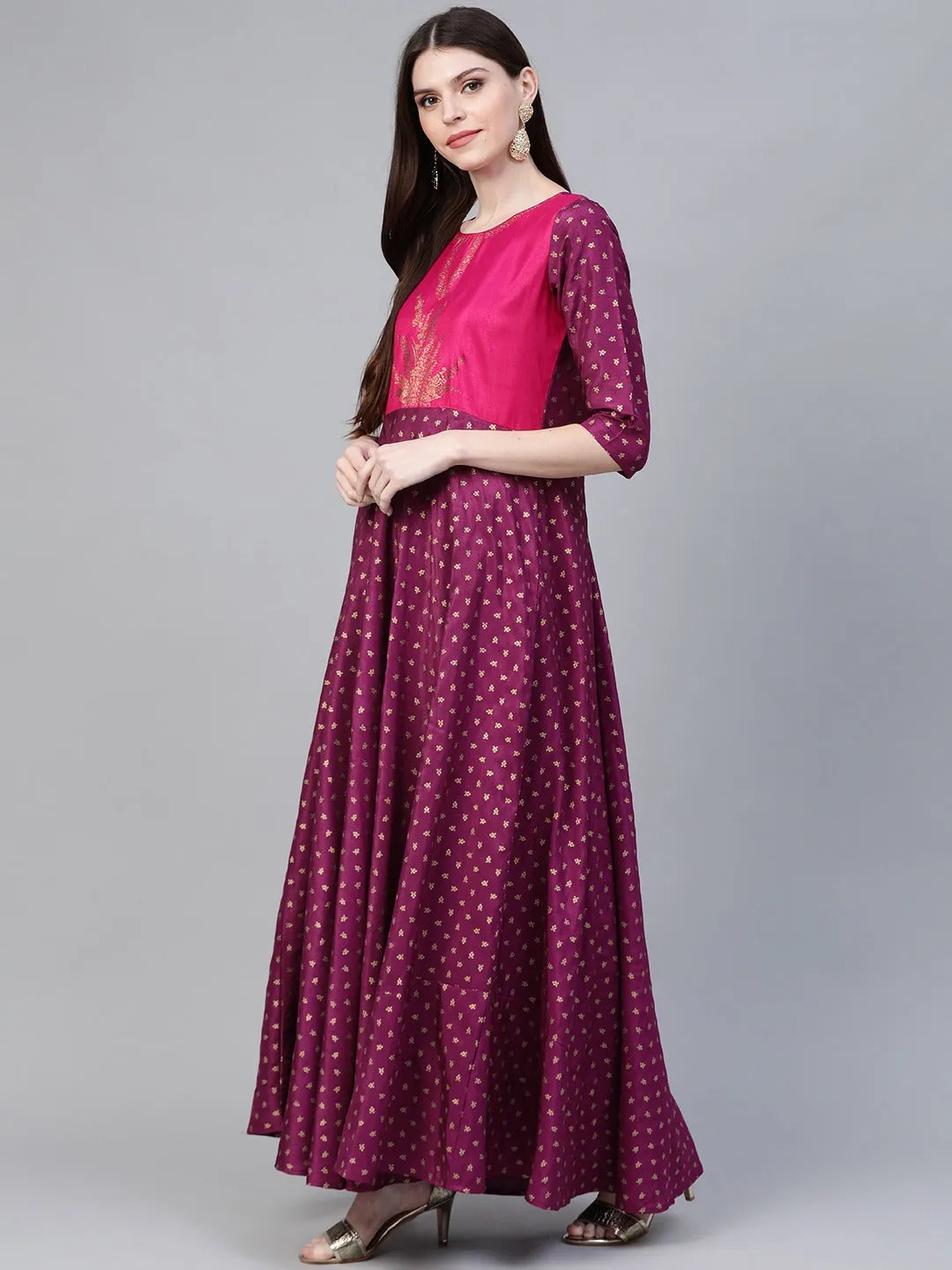 Purple & Golden Screen Printed Maxi Dress