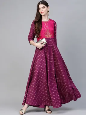 Purple & Golden Screen Printed Maxi Dress