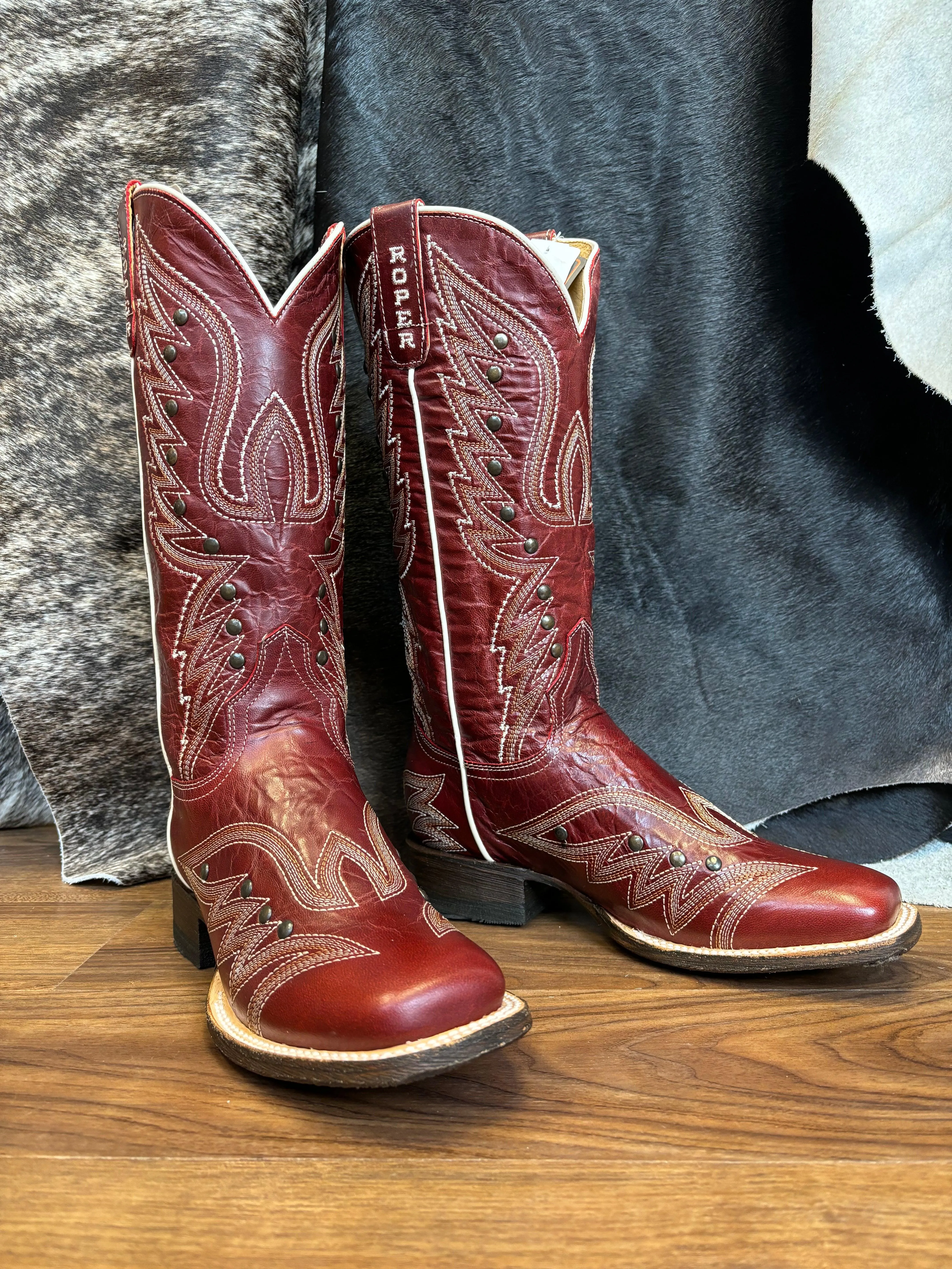 Roper Women's Brandy Vintage Red Leather Square Toe Studded Cowgirl Boots 7015-8631