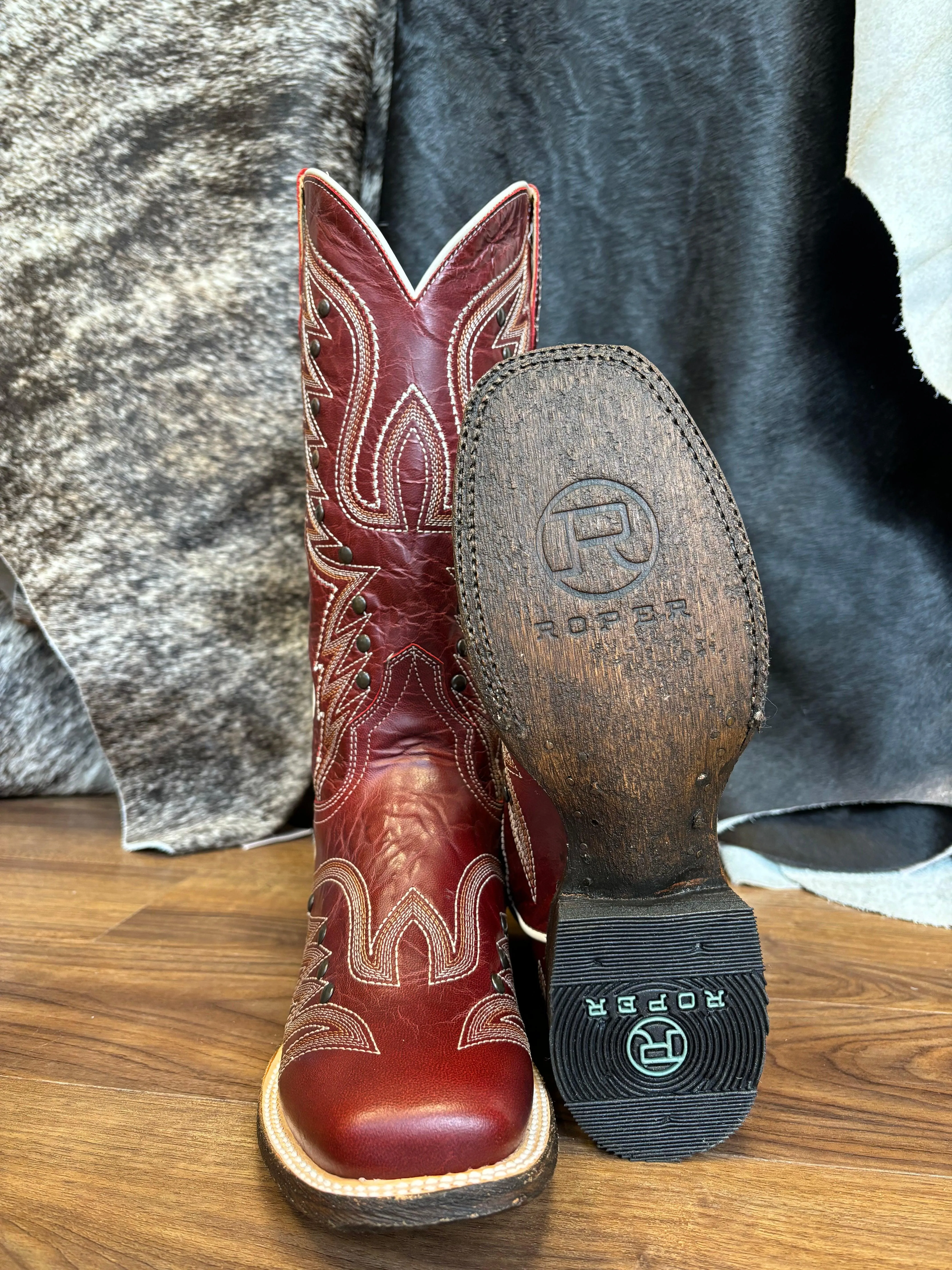 Roper Women's Brandy Vintage Red Leather Square Toe Studded Cowgirl Boots 7015-8631