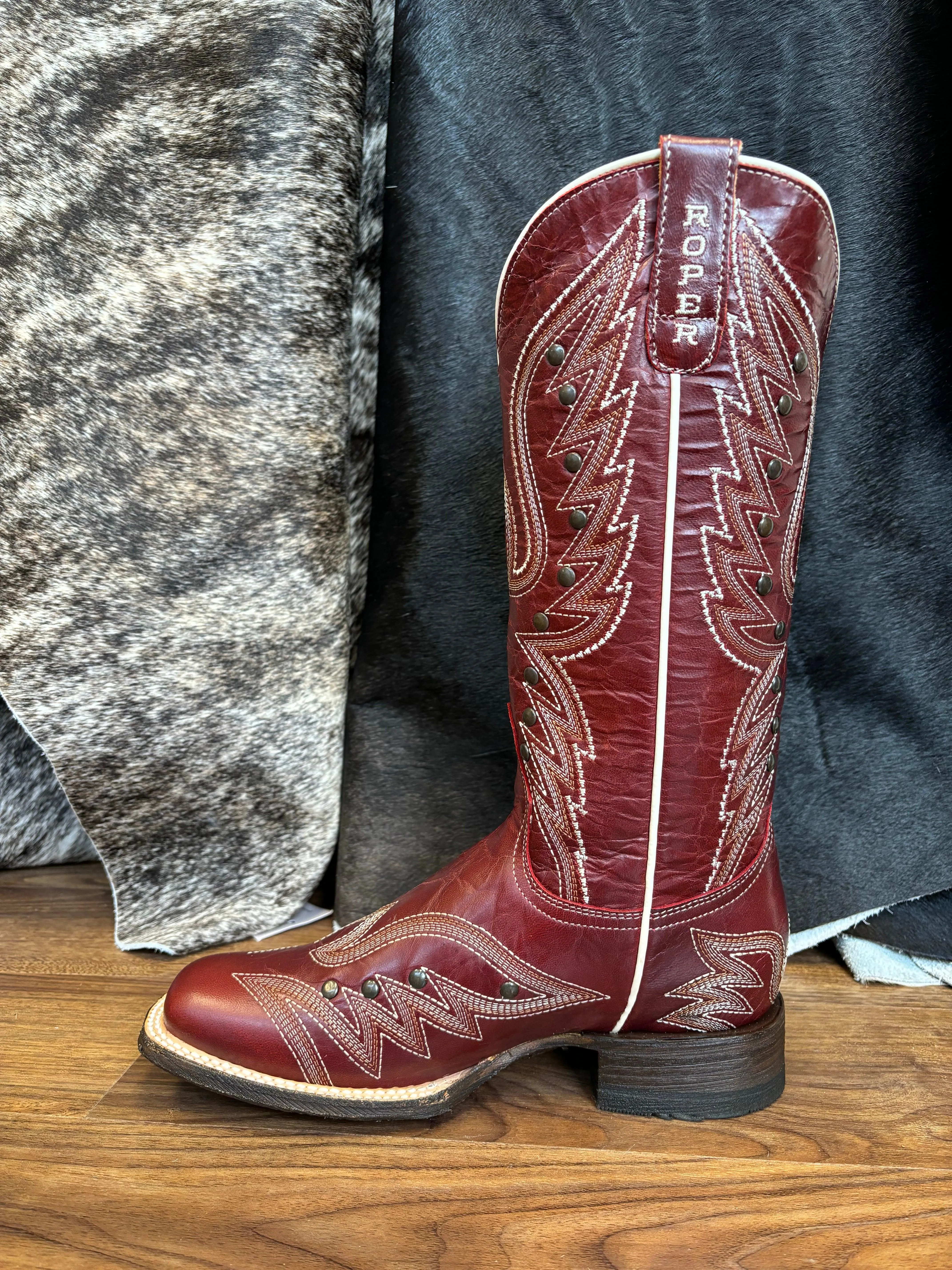 Roper Women's Brandy Vintage Red Leather Square Toe Studded Cowgirl Boots 7015-8631