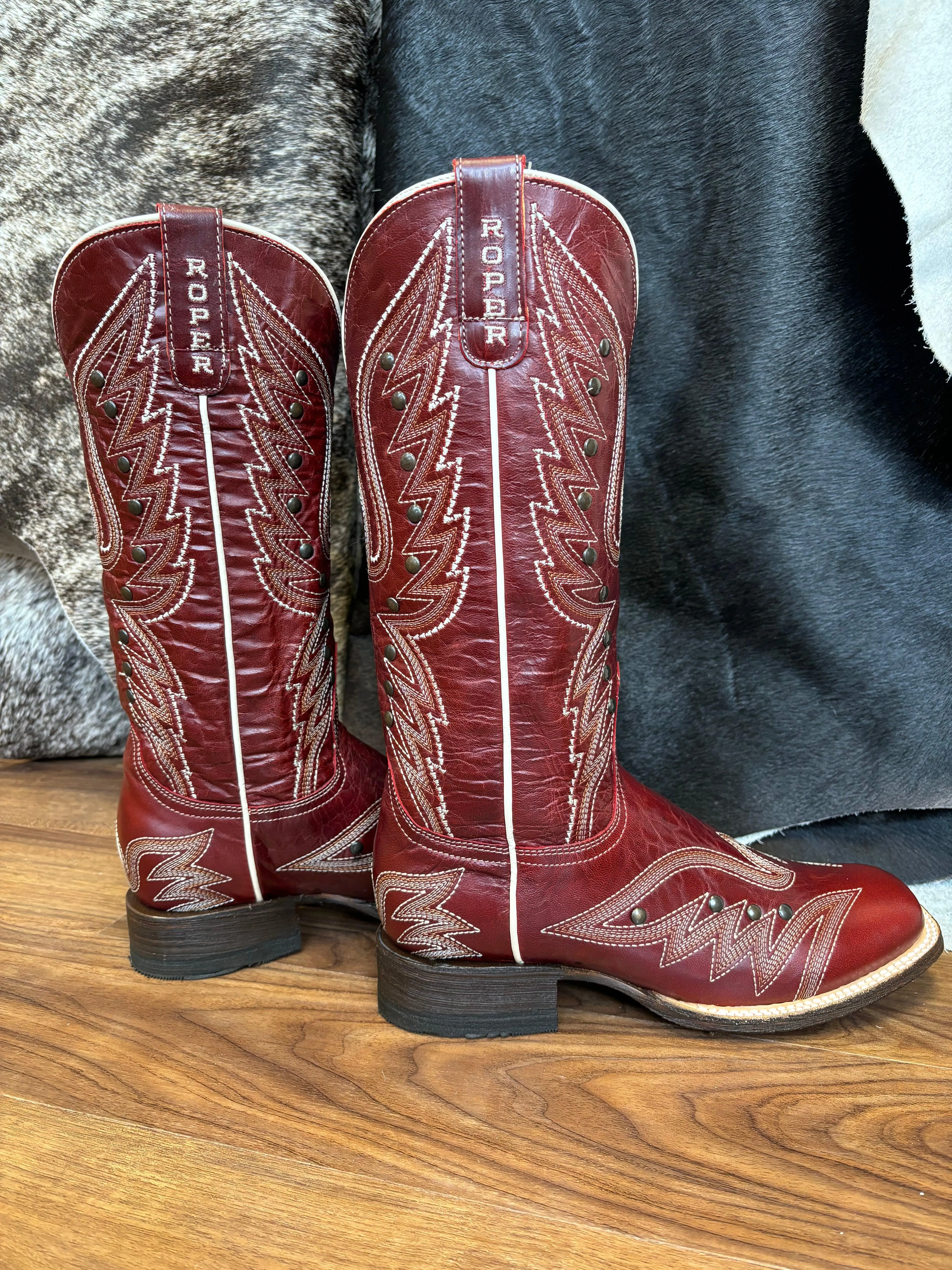 Roper Women's Brandy Vintage Red Leather Square Toe Studded Cowgirl Boots 7015-8631