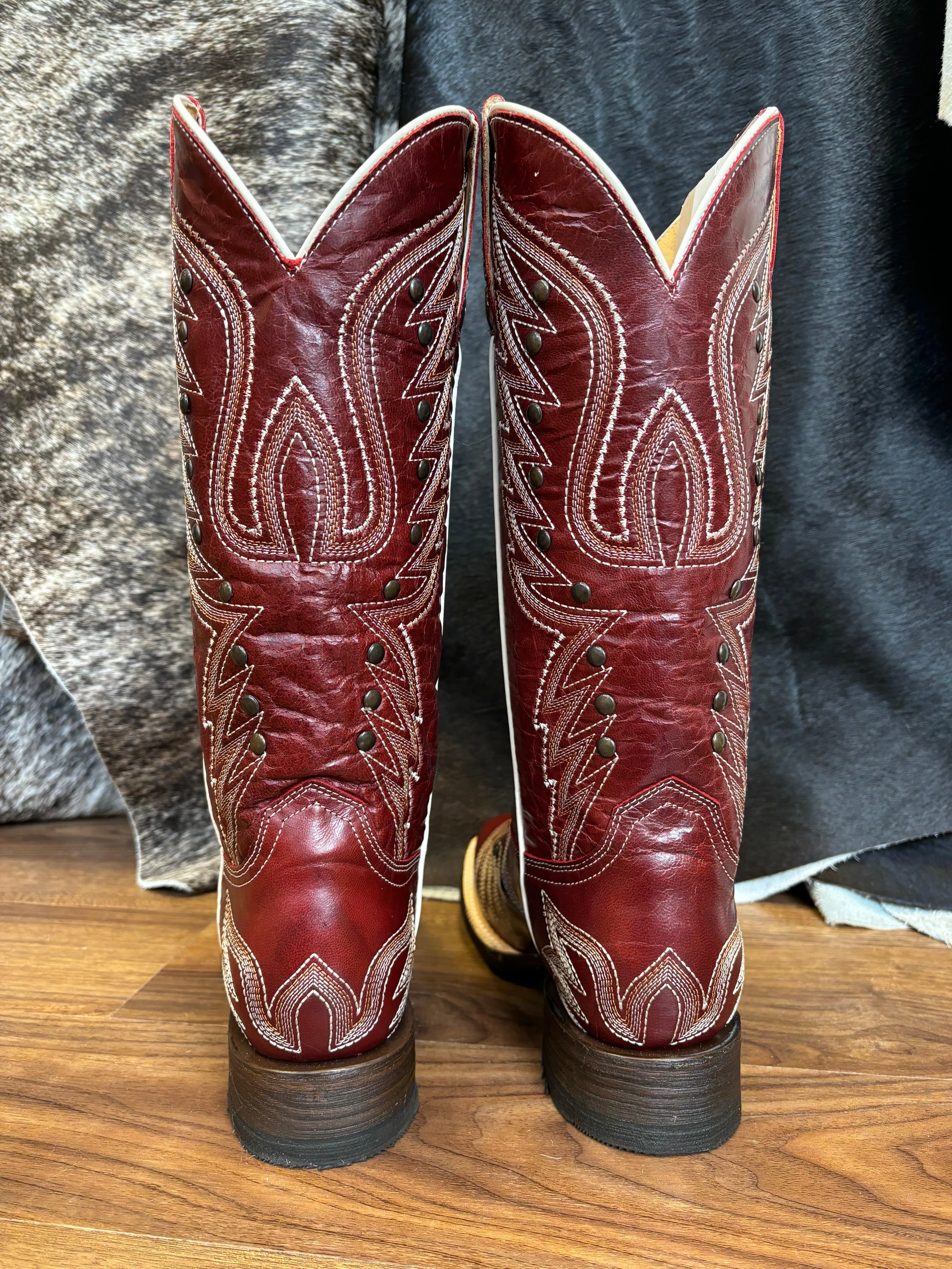 Roper Women's Brandy Vintage Red Leather Square Toe Studded Cowgirl Boots 7015-8631