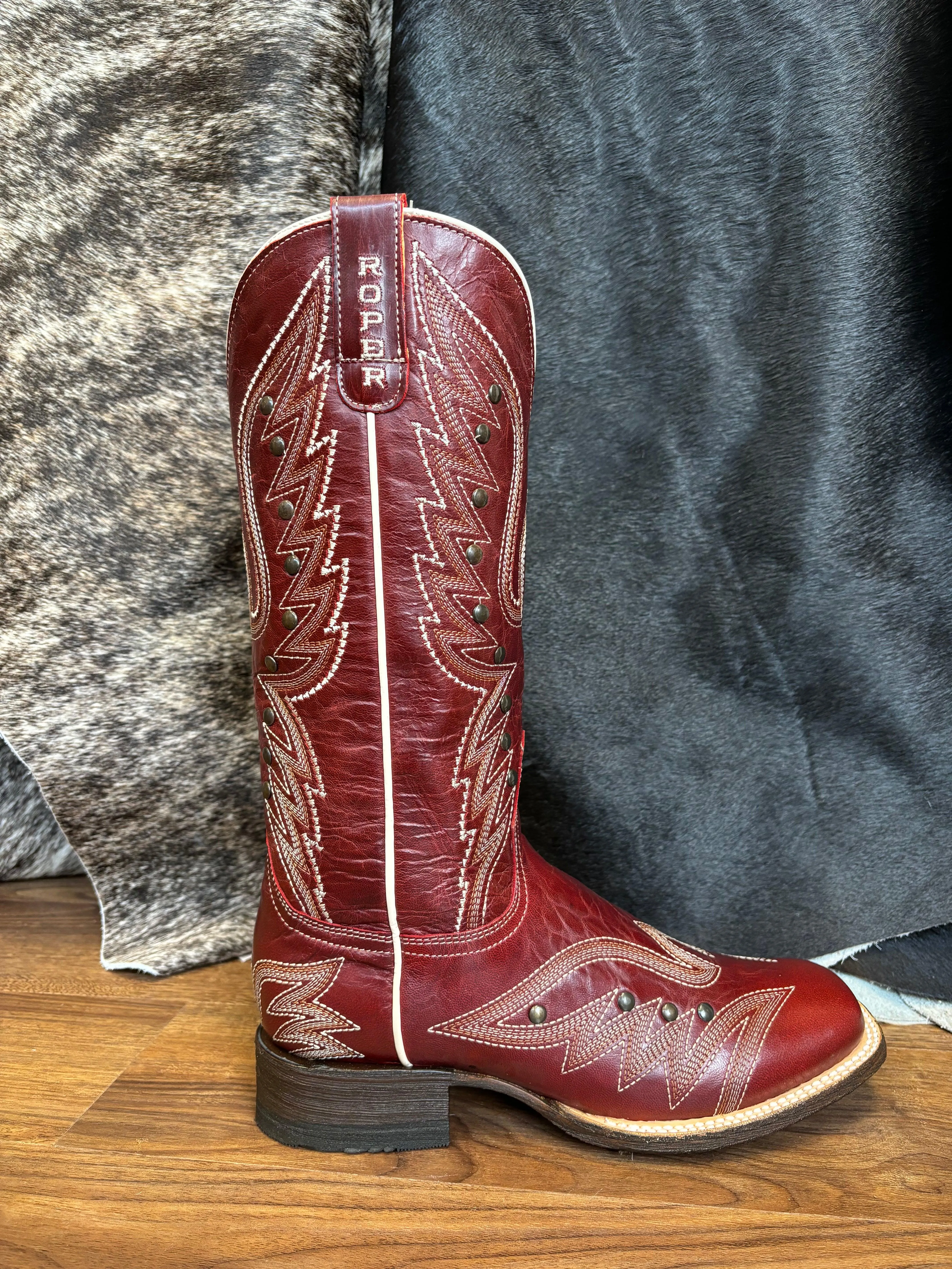 Roper Women's Brandy Vintage Red Leather Square Toe Studded Cowgirl Boots 7015-8631