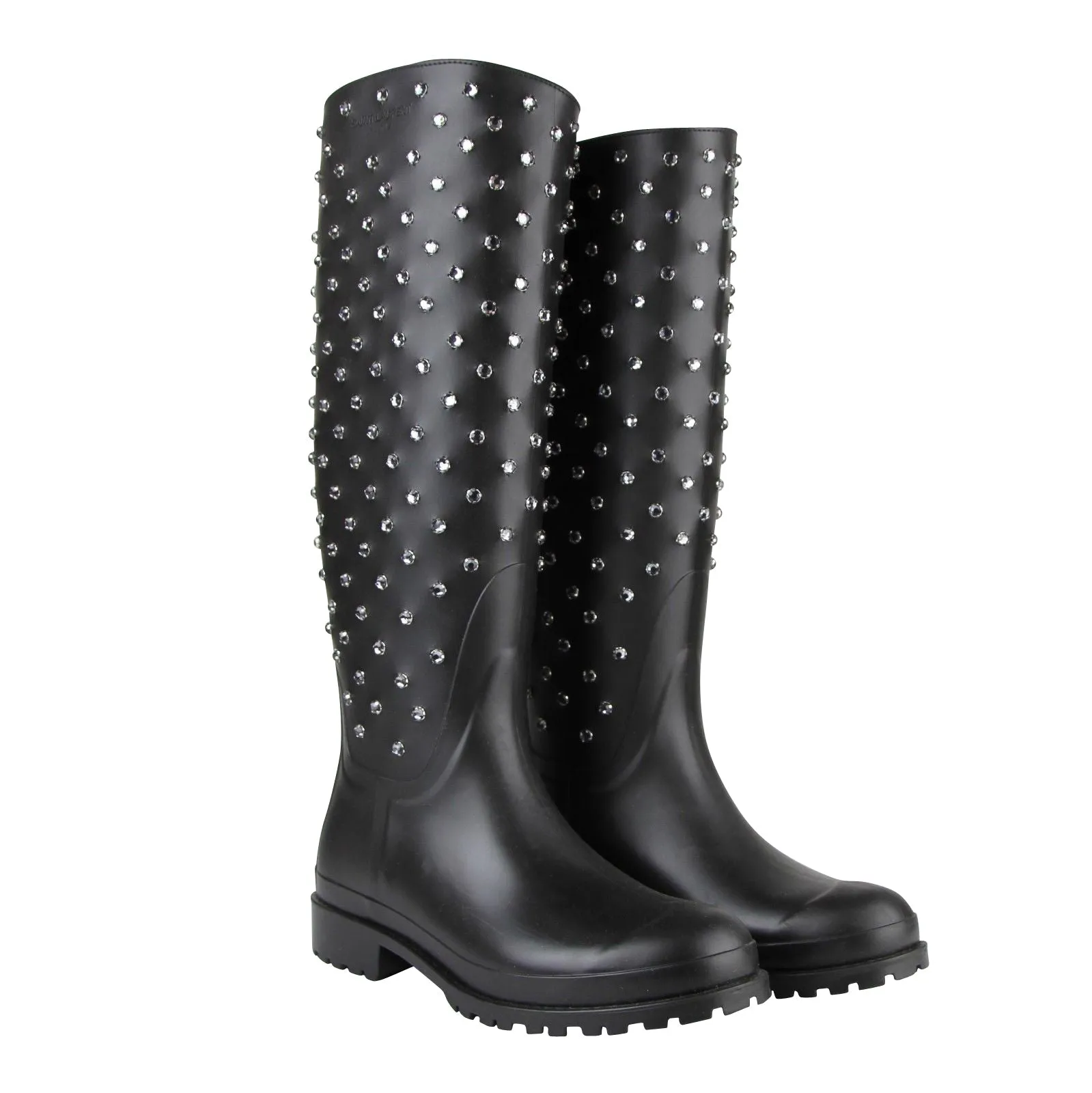 Saint Laurent Women's  Rubber Women Rain Boots With Crystal Studs (36 EU / 6 US)