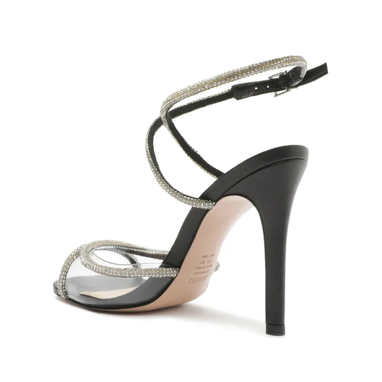 Schutz Louise Black Clear Crystal-Embellished Ankle Strap Open Toe Heel Sandals