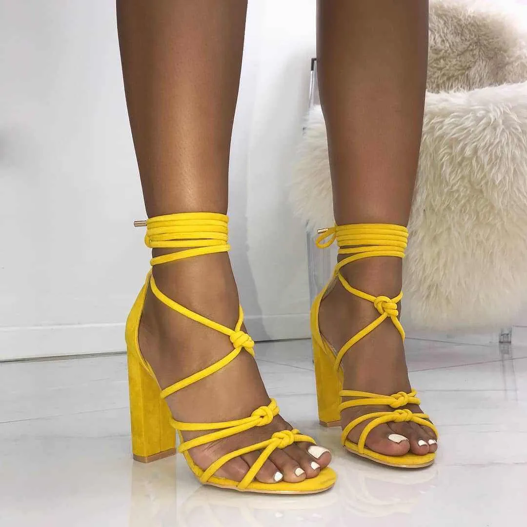 Suede Lace Up Cutout High Chunky Heel Sandals