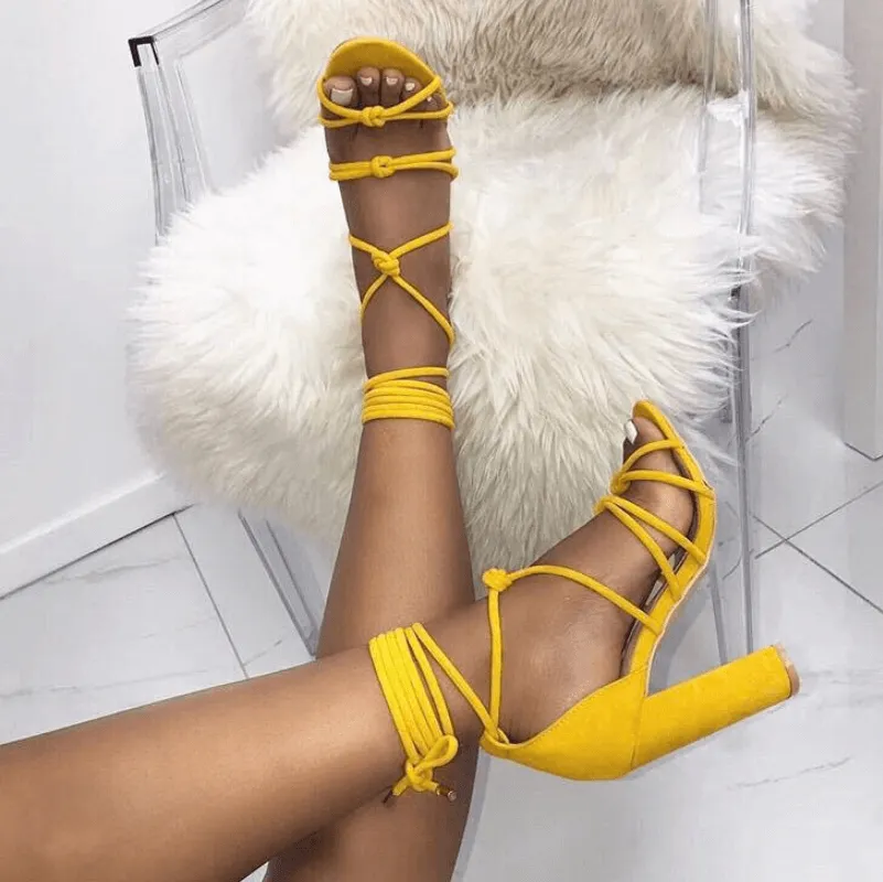 Suede Lace Up Cutout High Chunky Heel Sandals