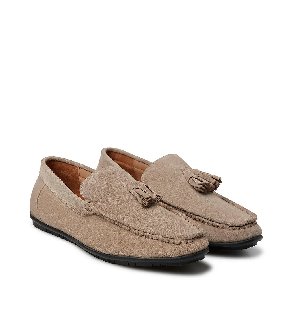 Taupe suede loafer with tassels