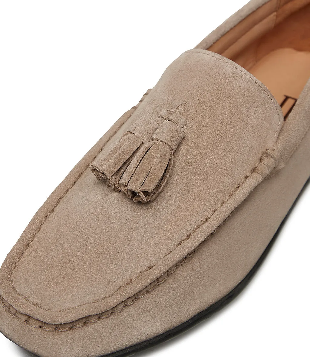 Taupe suede loafer with tassels