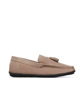 Taupe suede loafer with tassels