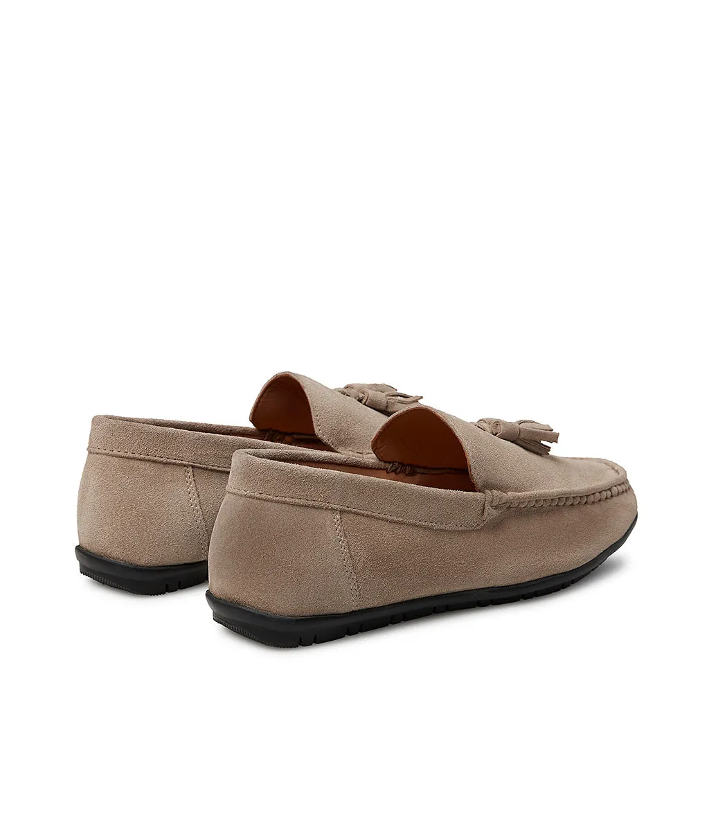 Taupe suede loafer with tassels