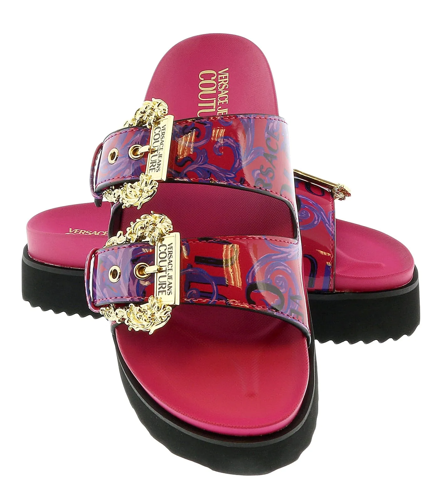 Versace Jeans Couture Purple Red Baroque Print Platform Slip On Sandals-