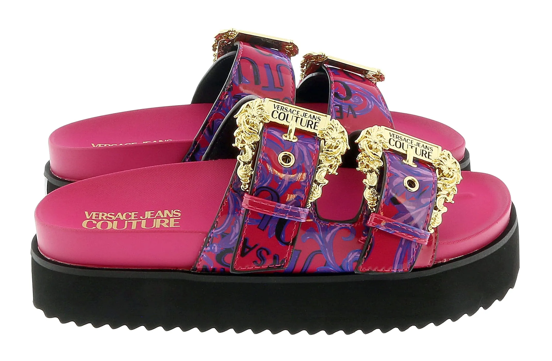 Versace Jeans Couture Purple Red Baroque Print Platform Slip On Sandals-