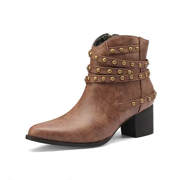 Women's Retro Studded Chunky Heel Ankle Boots 59388899C