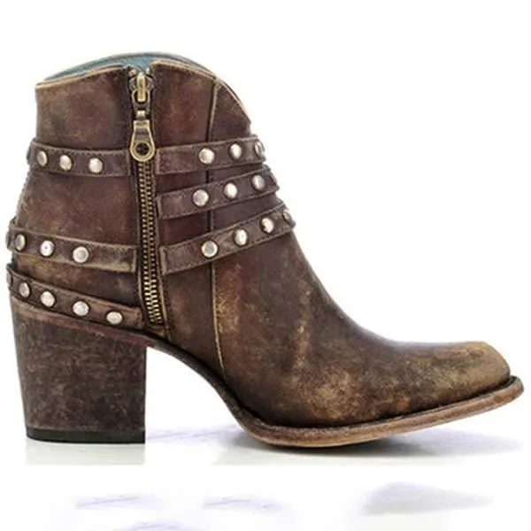 Women's Retro Studded Chunky Heel Ankle Boots 59388899C