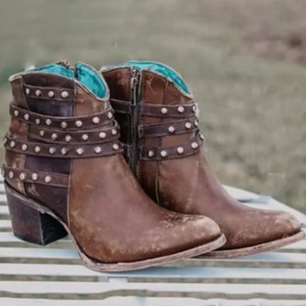 Women's Retro Studded Chunky Heel Ankle Boots 59388899C