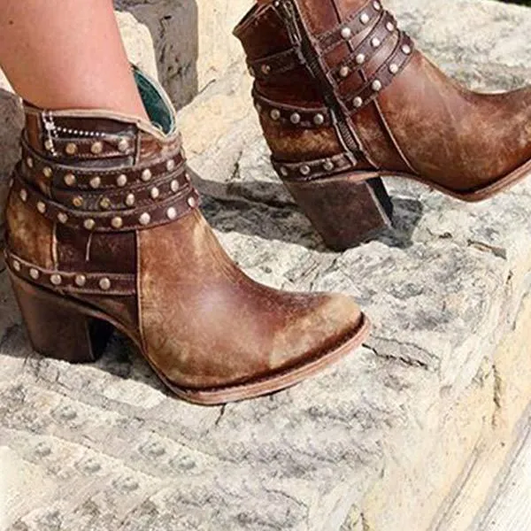 Women's Retro Studded Chunky Heel Ankle Boots 59388899C