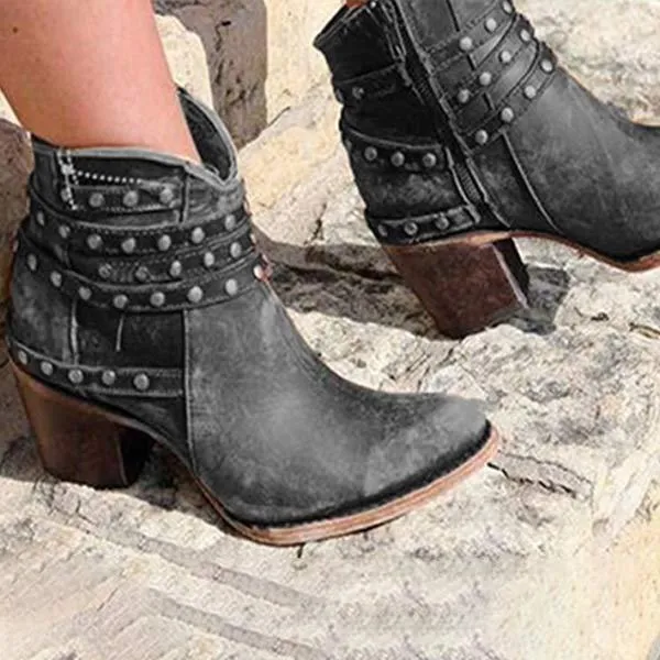 Women's Retro Studded Chunky Heel Ankle Boots 59388899C