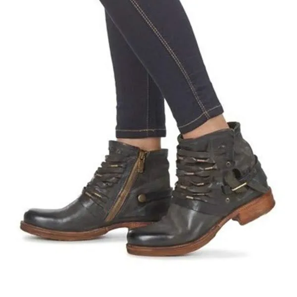 Women's Retro Studded Chunky Heel Short Martin Boots 93542054C